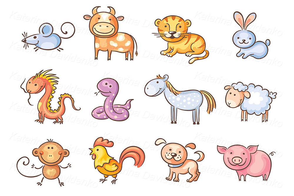 Zodiac signs, chinese new year, animals clipart