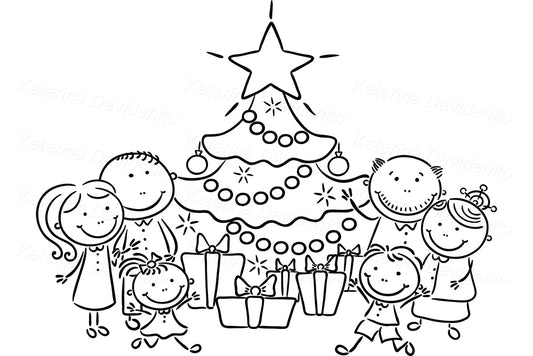 Doodle family with Christmas tree. Outline clipart