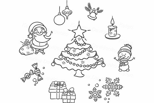Black and white clipart with Santa, snowman, tree, gifts