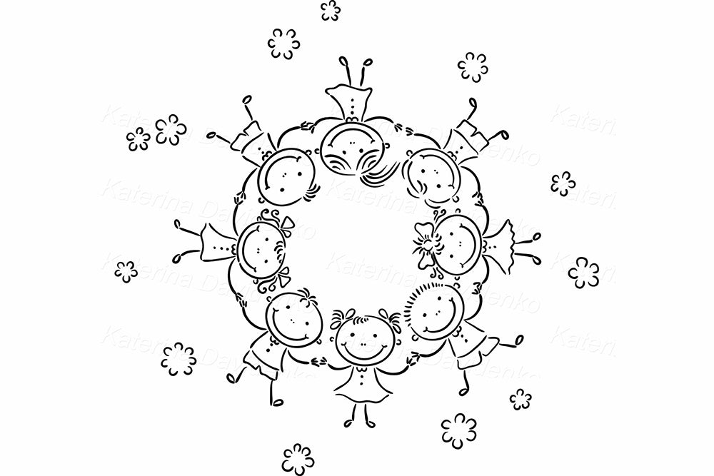 Stick figure kids holding hands in circle