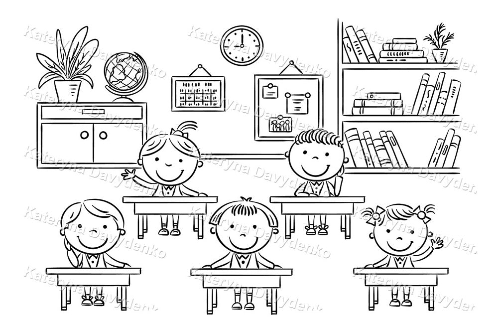 Illustration of children sitting at desks in a classroom with educational items.