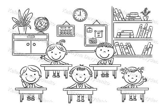 Illustration of children sitting at desks in a classroom with educational items.