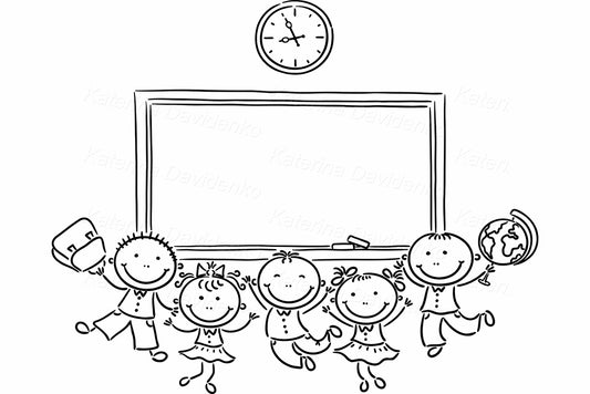 Happy doodle school kids in classroom