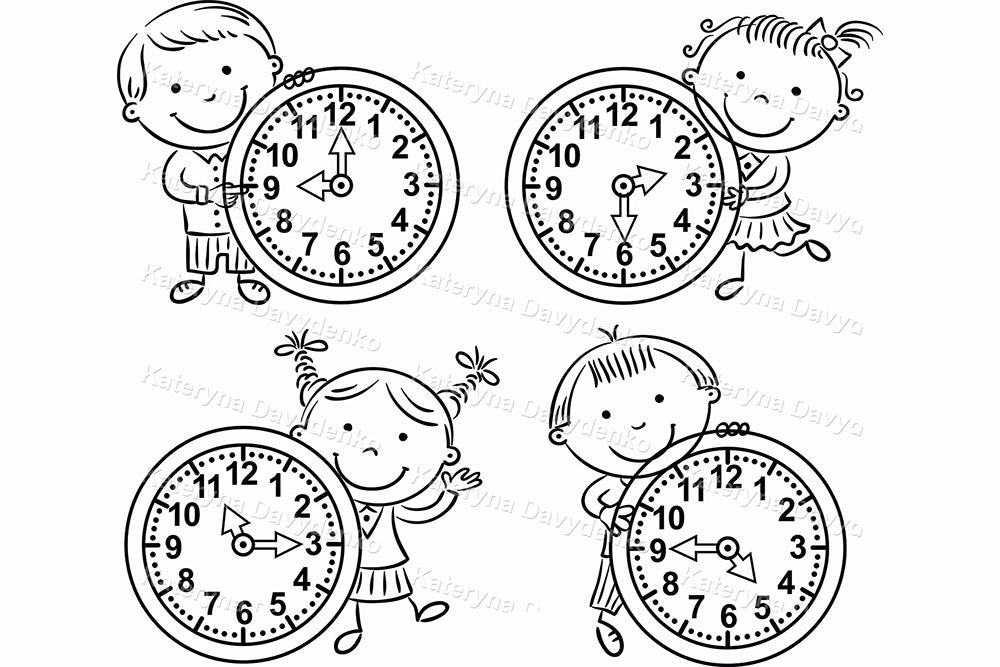 Kids with Clocks Clipart. Outline Time Learning Illustrations
