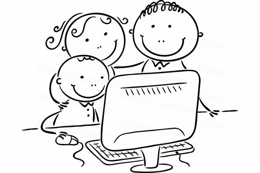 Cartoon doodle family at desktop computer