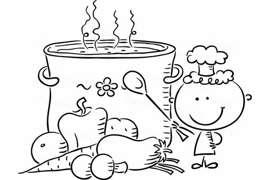Cute cartoon little kid chef cooking soup, doodle stick figure