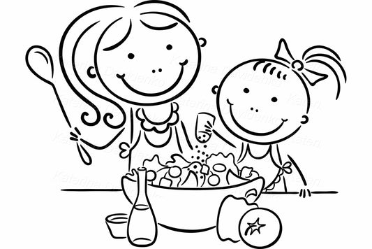 mom and girl making salad
