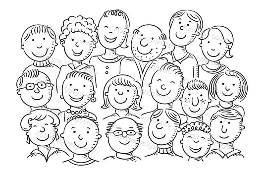 Black and white illustration of a group of people.