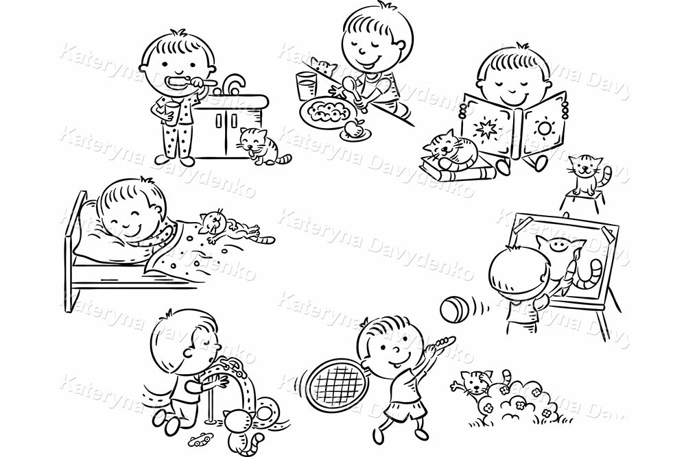 Illustrations of children engaged in various activities. Kids daily routine clipart