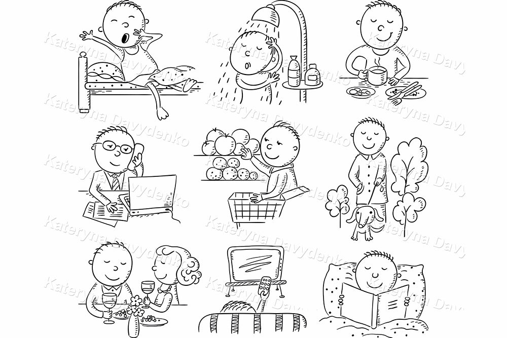 Black and white illustrations of daily activities.