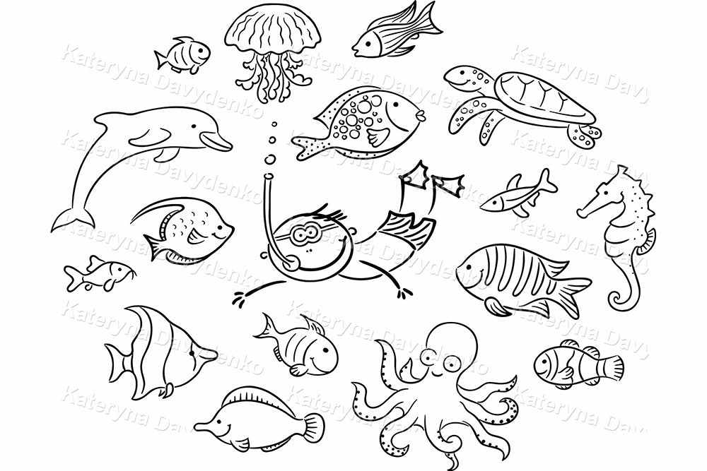 Collection of black and white ocean-themed illustrations including diver, fish, dolphins and an octopus.