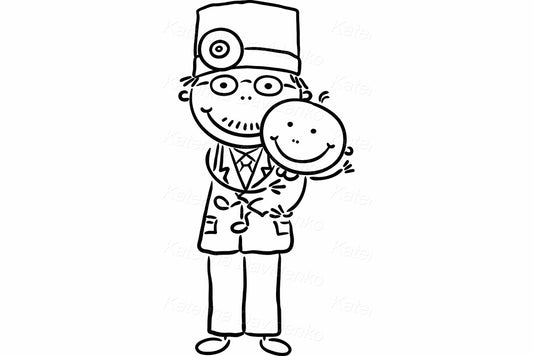 Doodle doctor holding baby. Stick figure clipart