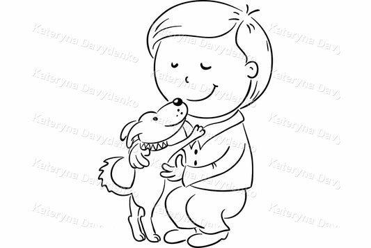 Black and white line drawing of a child holding a dog