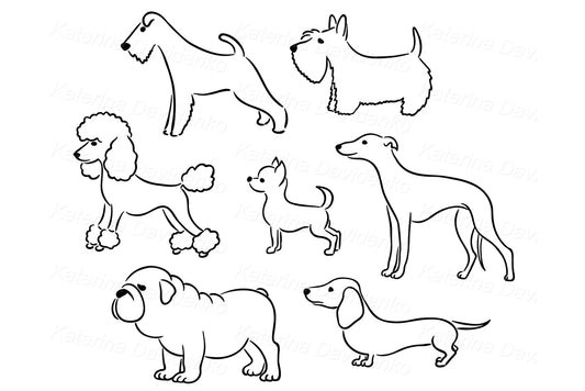 Cute dog breed set, outline clipart