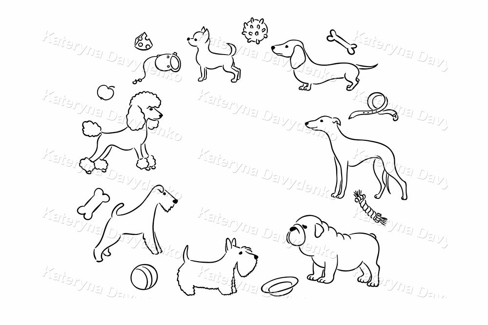 Illustrations of various dogs and their toys