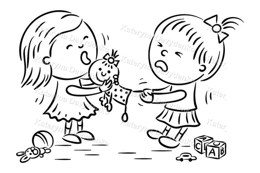 Black and white illustration of two children fighting over doll.