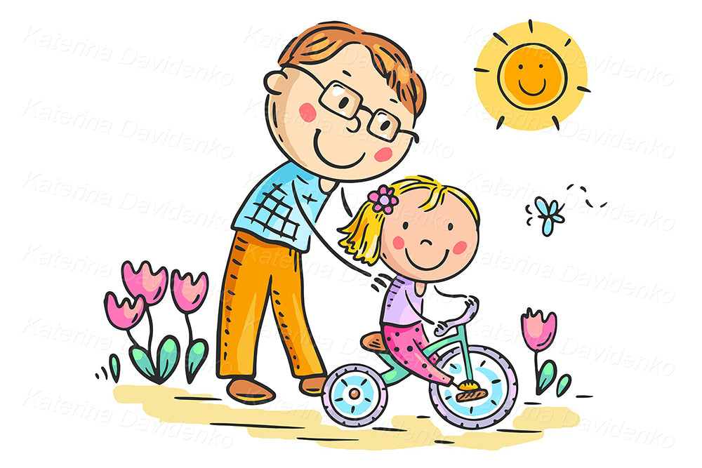 Cartoon father teaching daughter to ride bike. Parenting clipart