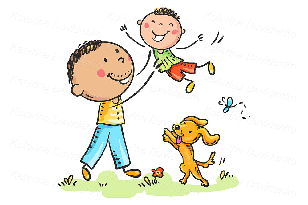 Cartoon father and son playing. Happy family clipart