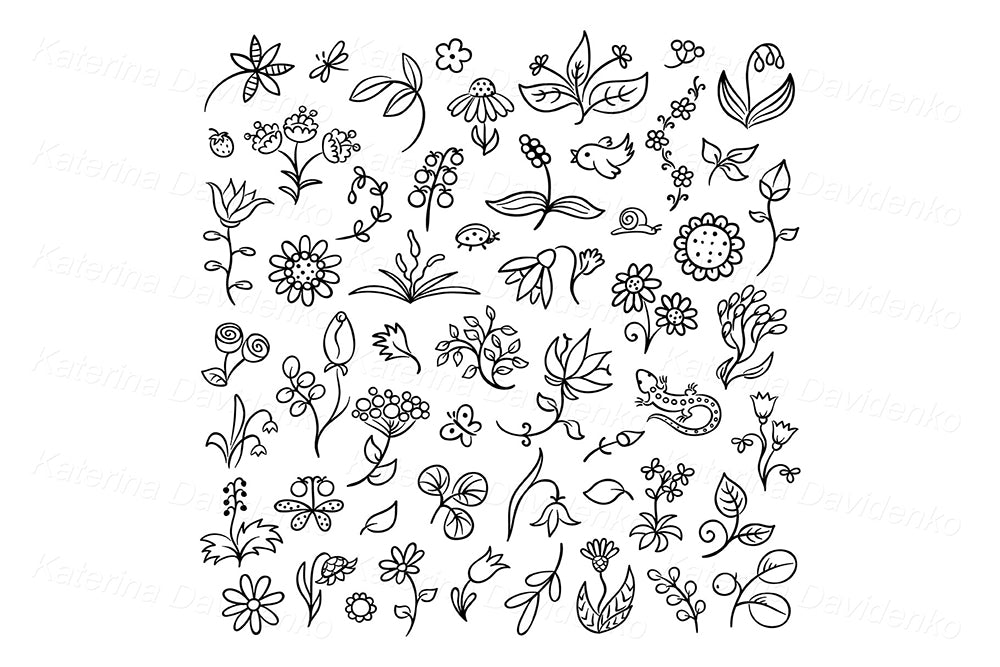 Whimsical Flowers Clipart Set – Hand-Drawn Botanical Illustrations