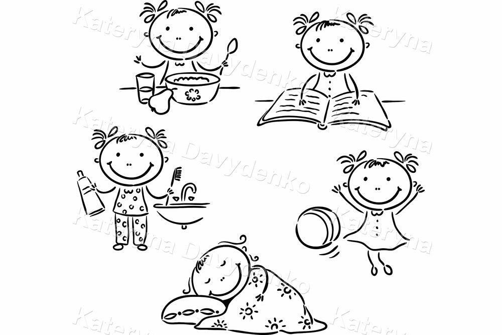 Cartoon little girl's daily activities