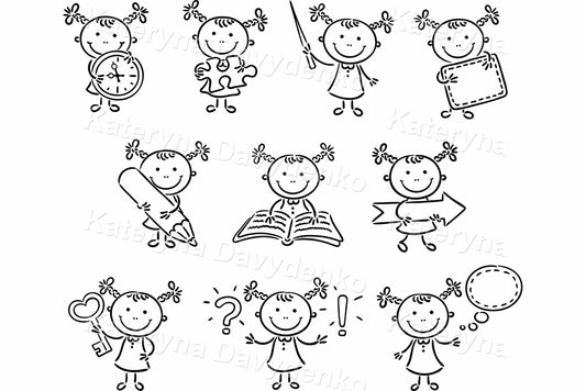 Little girl character with different objects and signs