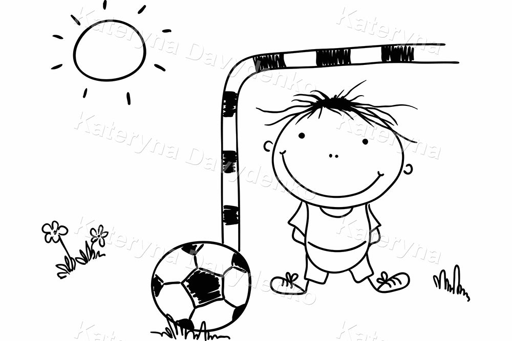 Cartoon little boy playing football as a goalkeeper