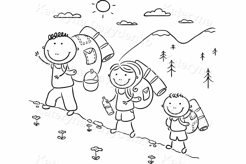 Family hiking in the mountains. Hand drawn doodle vector illustration