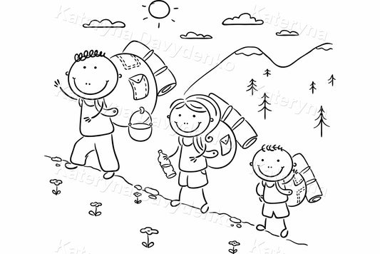 Family hiking in the mountains. Hand drawn doodle vector illustration