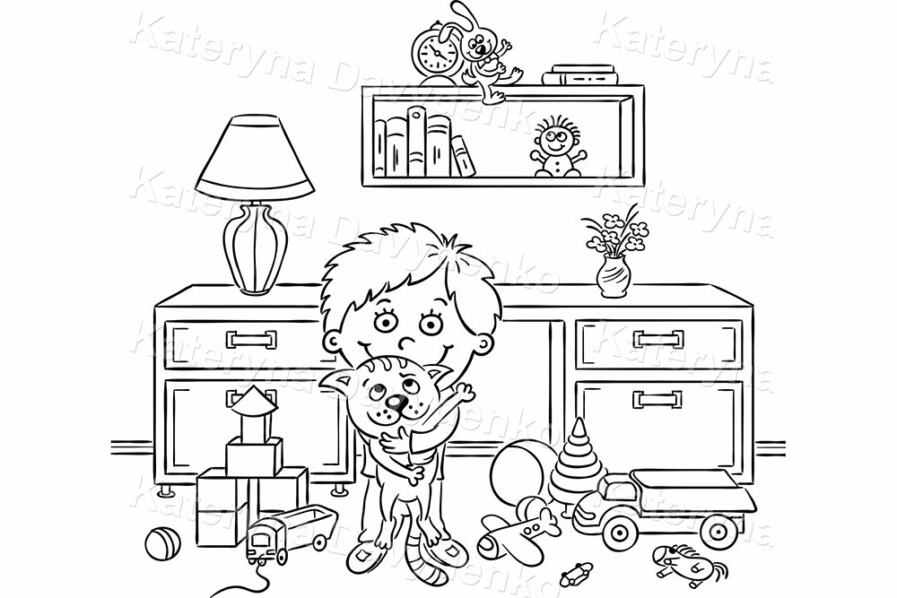 Little boy in his playroom holding his cat