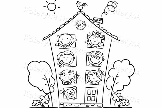 Family in Apartment Building Windows