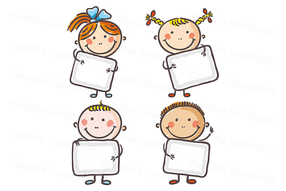 Four kids with blank signs clipart set