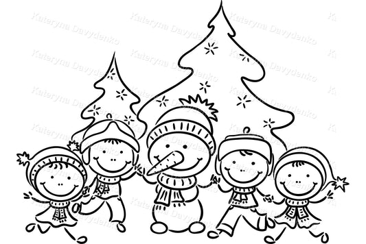 Snowman and kids. Winter holiday, black and white Christmas clipart