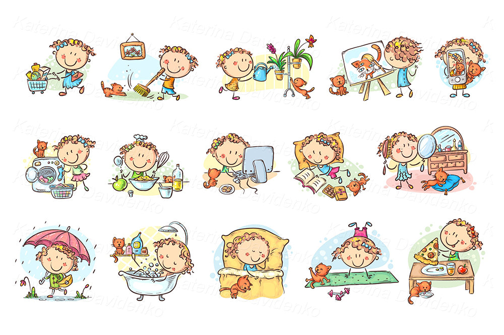 little girl daily activities clipart set