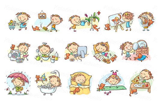 little girl daily activities clipart set