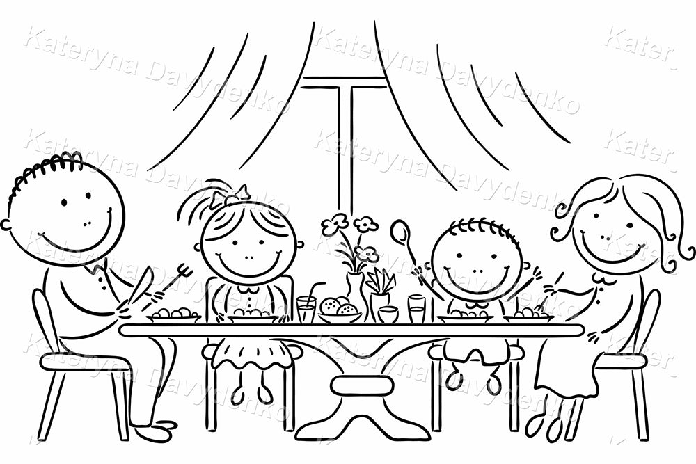 Black and white illustration of family sitting around at dinner table