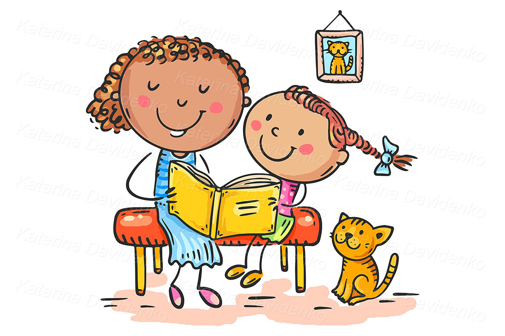 mother and daughter reading a book. family clipart