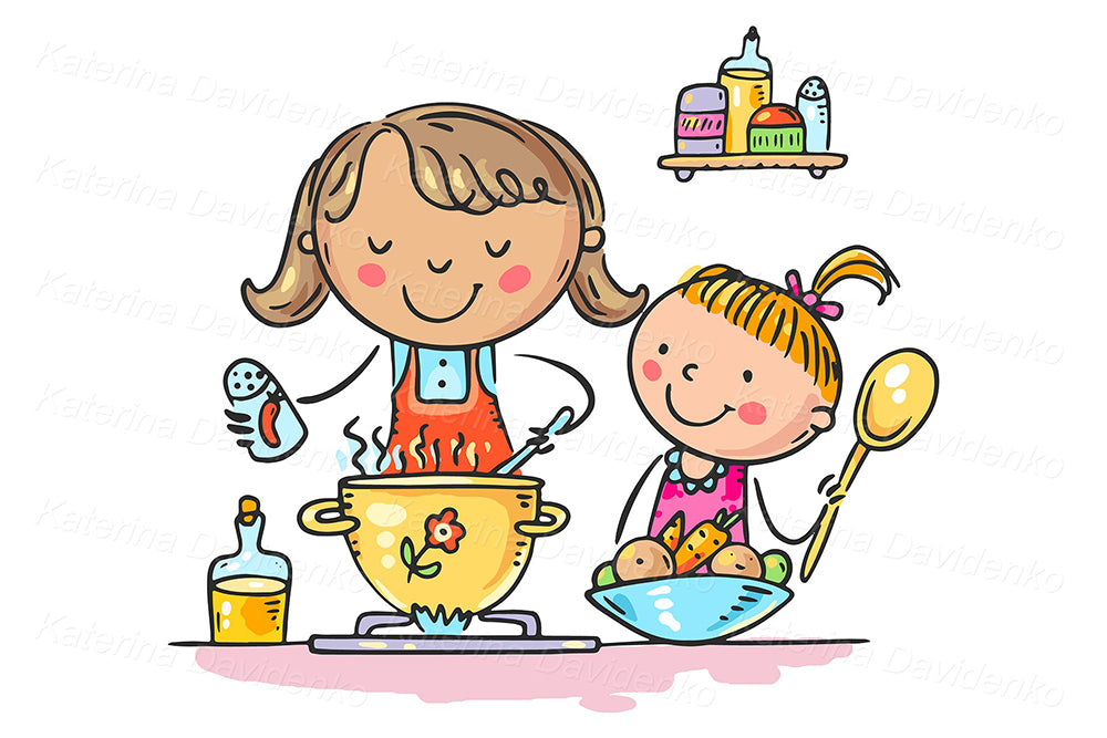 Mother and daughter cooking. Cartoon family activities clipart
