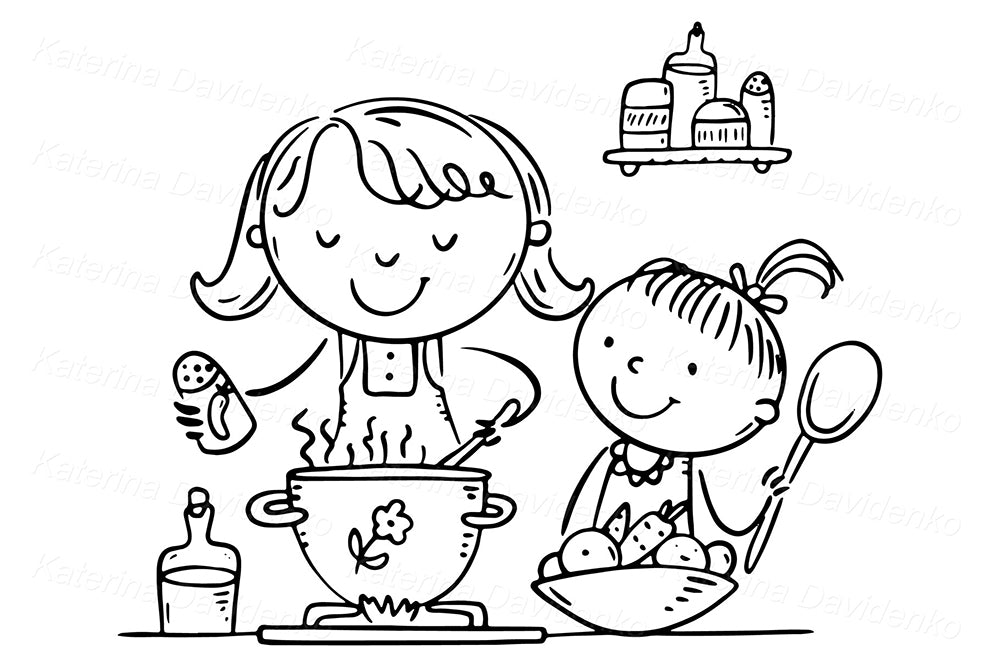 Mother and Daughter Cooking Clipart – Cute Family Kitchen Illustration