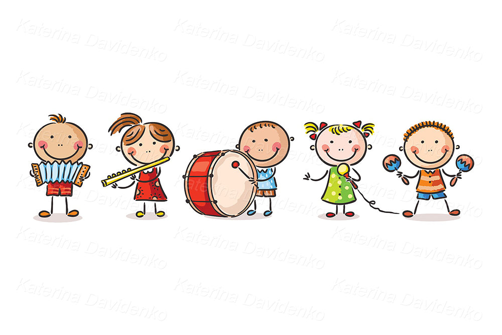 Children playing different musical instruments clipart set