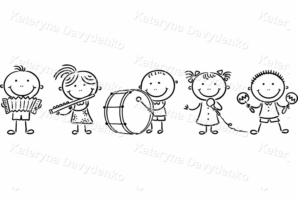 Black and white illustration of stick figure children playing musical instruments.