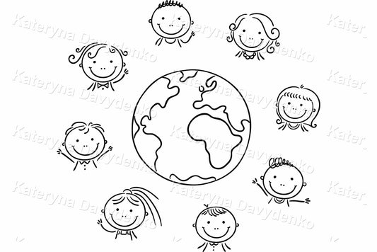 Illustration of children around the world with a globe in the center.