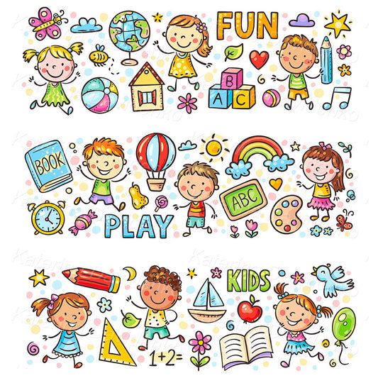Set of doodle kids horizontal borders