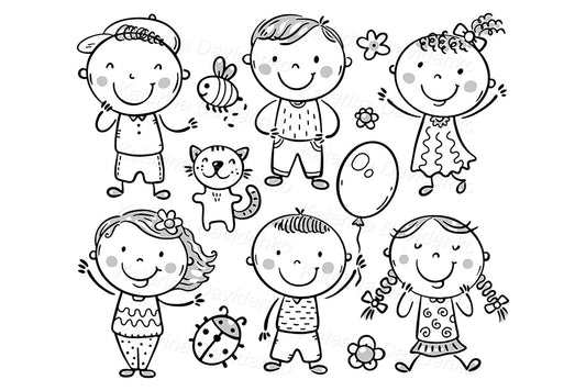 Happy kids set. Black and white doodle illustrations