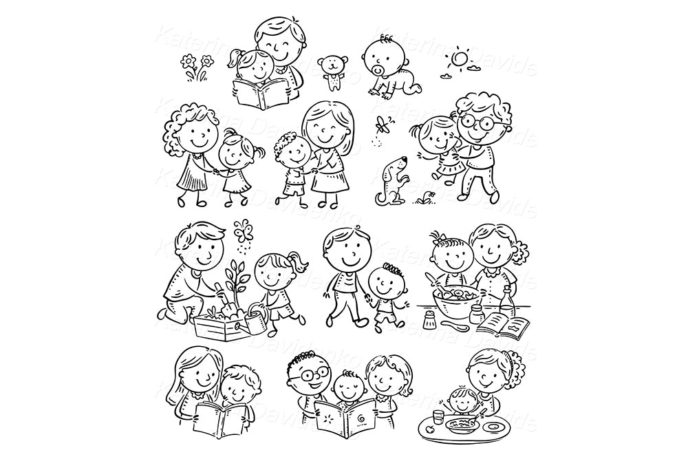 Cute parent-child doodles showing family bonding, reading, cooking, gardening, and playtime. Commercial use OK, print-ready illustration set.