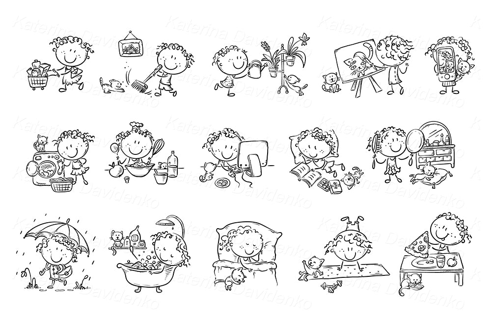Daily routine illustrations – colorful cartoon set for kids schedule, planner, classroom, posters