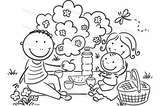 Black and white illustration of family with child having a picnic.