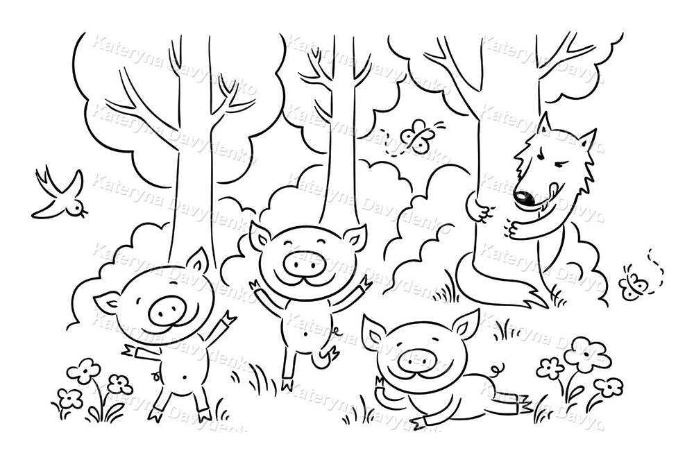 Illustration of three pigs and a wolf in a forest