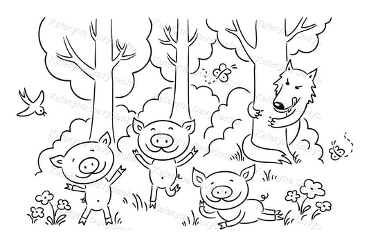 Illustration of three pigs and a wolf in a forest