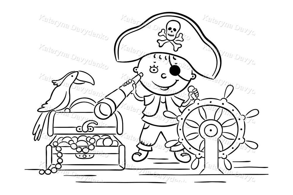 Black and white illustration of a pirate with a parrot and treasure chest