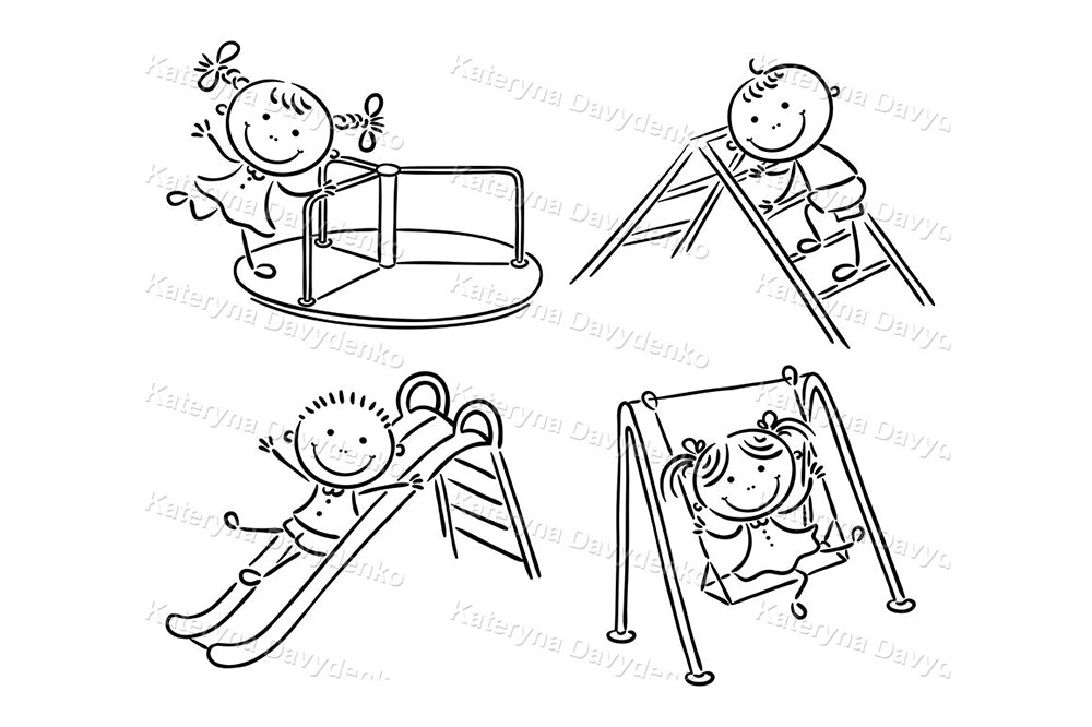 Black and white line art of children playing on playground equipment.